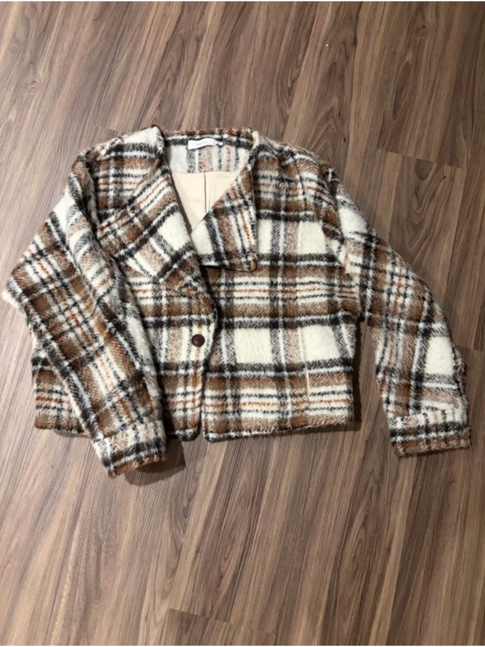 Greylin Plaid Cropped Teddy Jacket in Cream and Brown